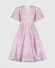 Multicolor Embroidered Floral Puff Sleeve Midi Dress