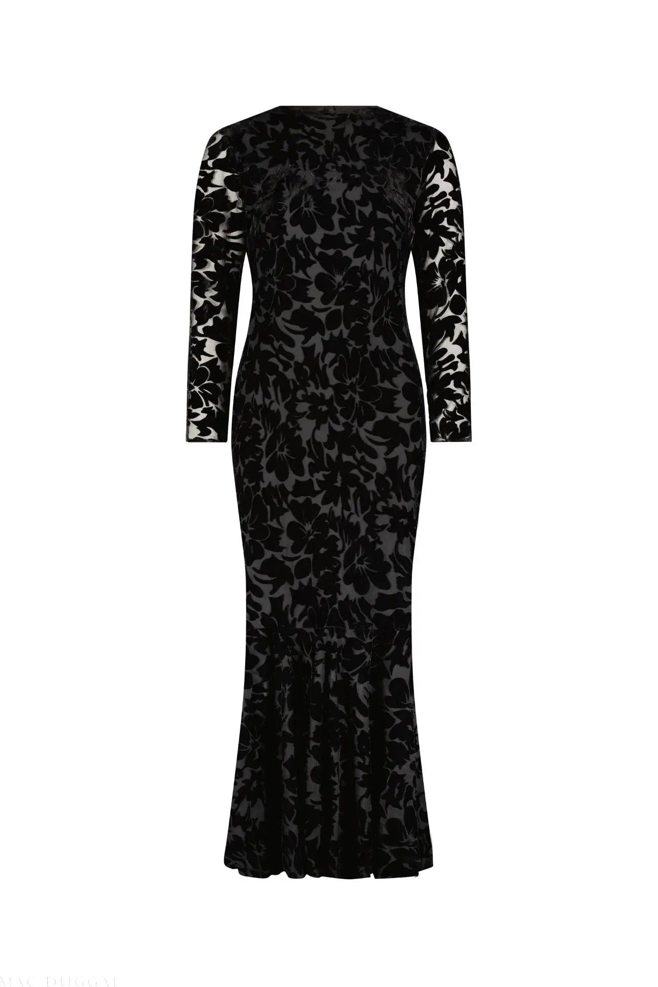 Black Burnout Velvet Long Sleeve Ruffle Hem Midi Dress
