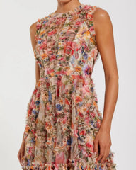 Multicolor Micro Ruffle High Neck A-Line Mini Dress