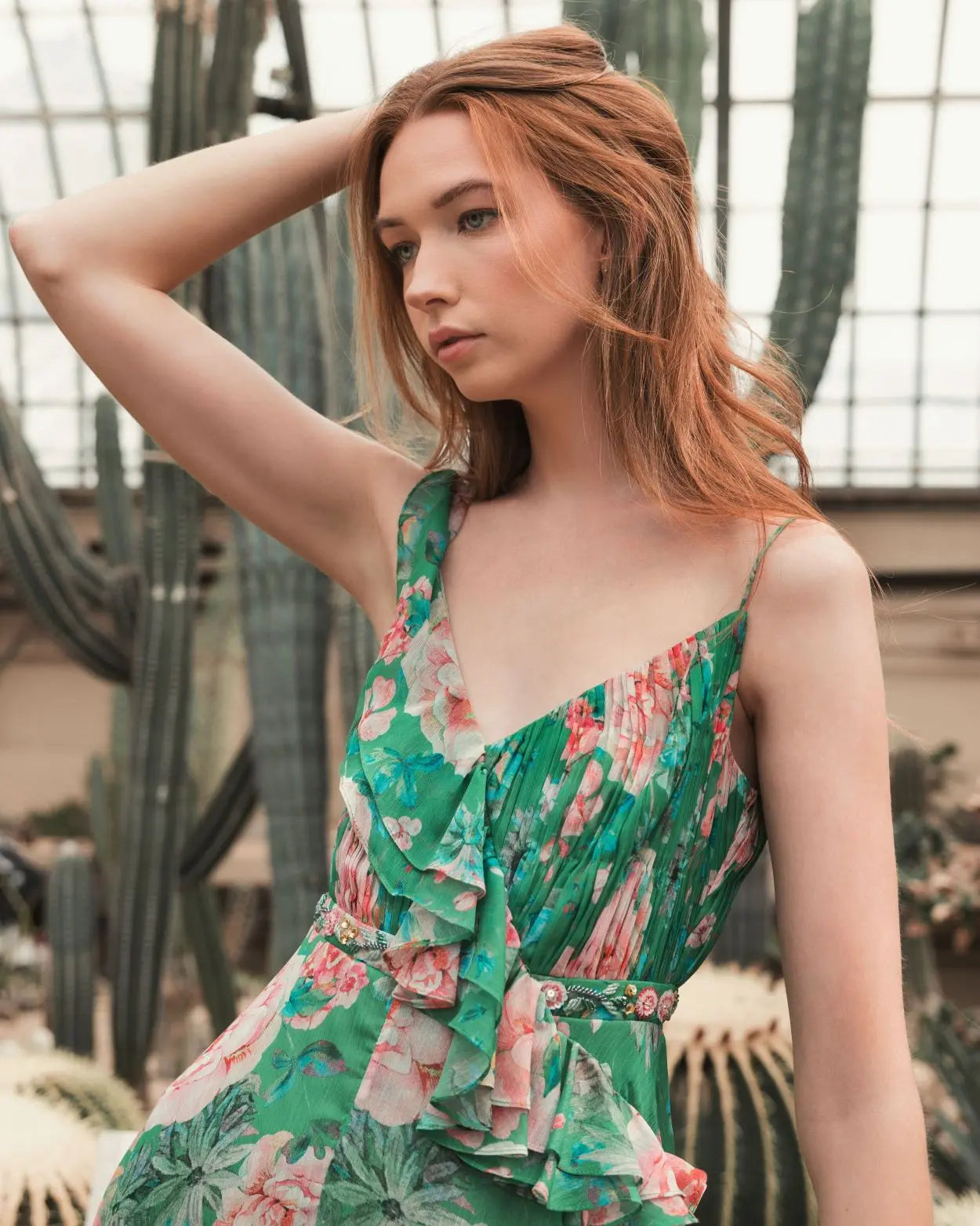Green Floral Print Ruffled Wrap Over A Line Gown