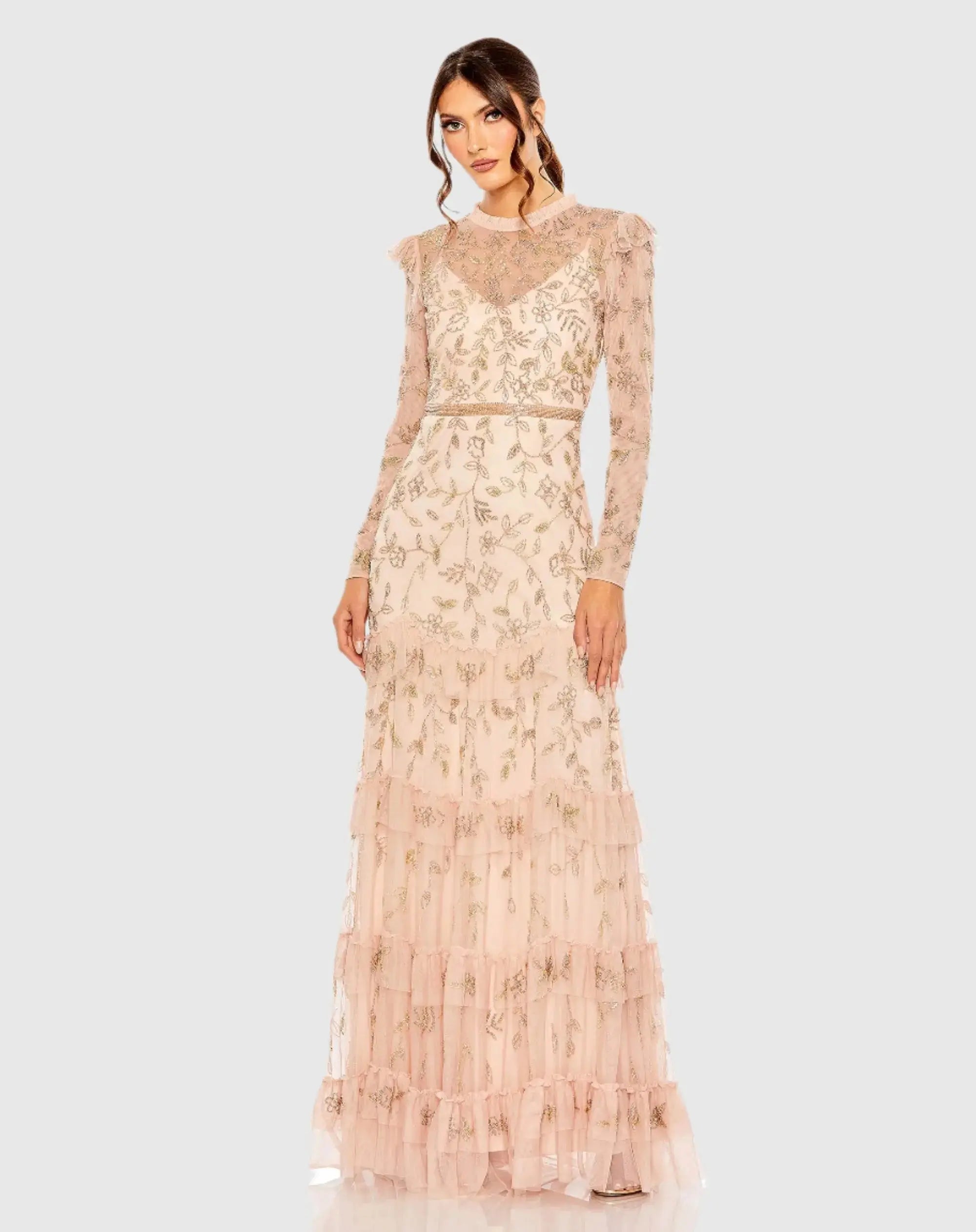 High Neck Flutter Cap Long Sleeve Tiered Embellished Gown