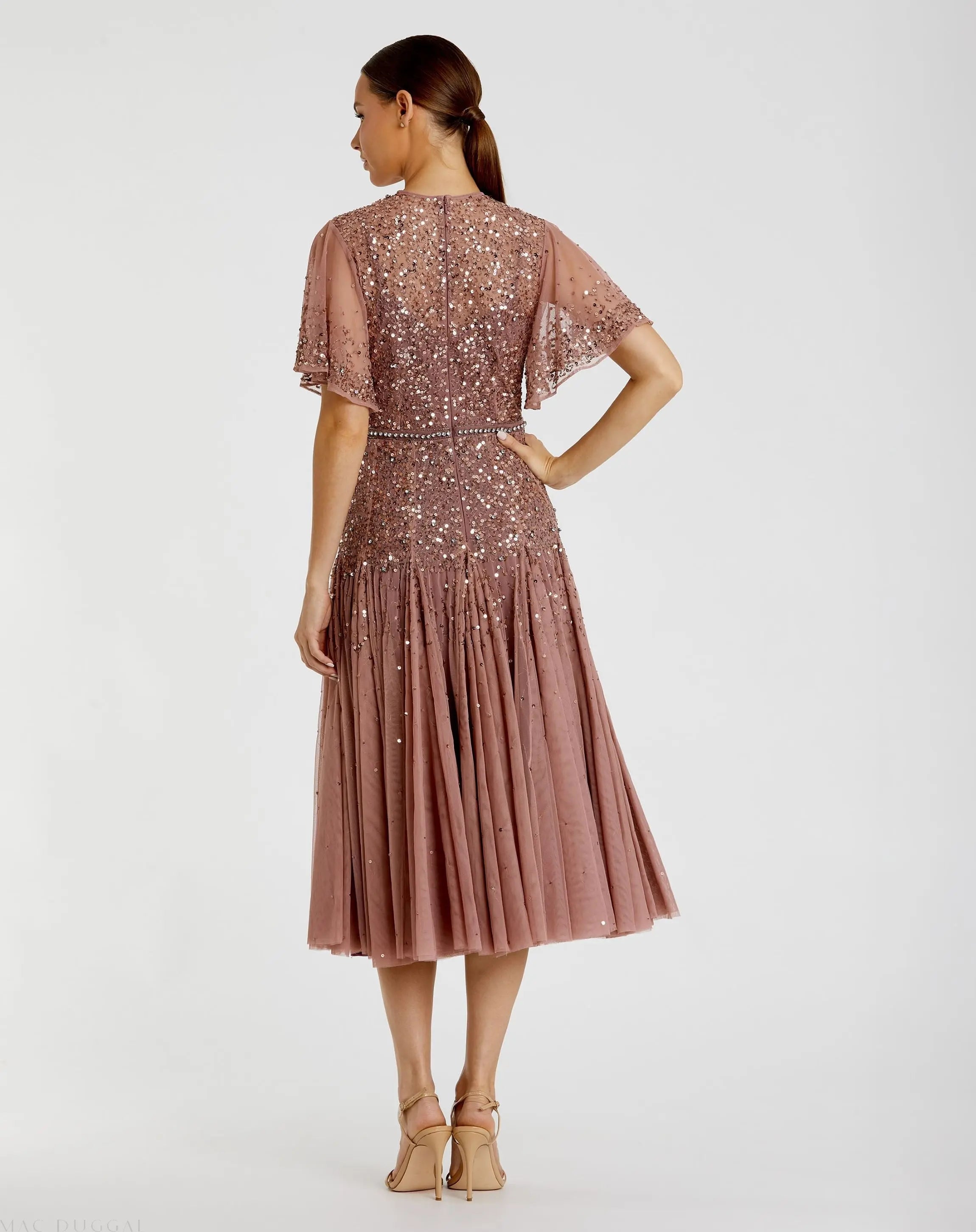 Pink Cape Sleeve Beaded Tea Length Drop Waist Dress