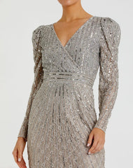 Gray Beaded Lace Long Sleeve Midi Dress