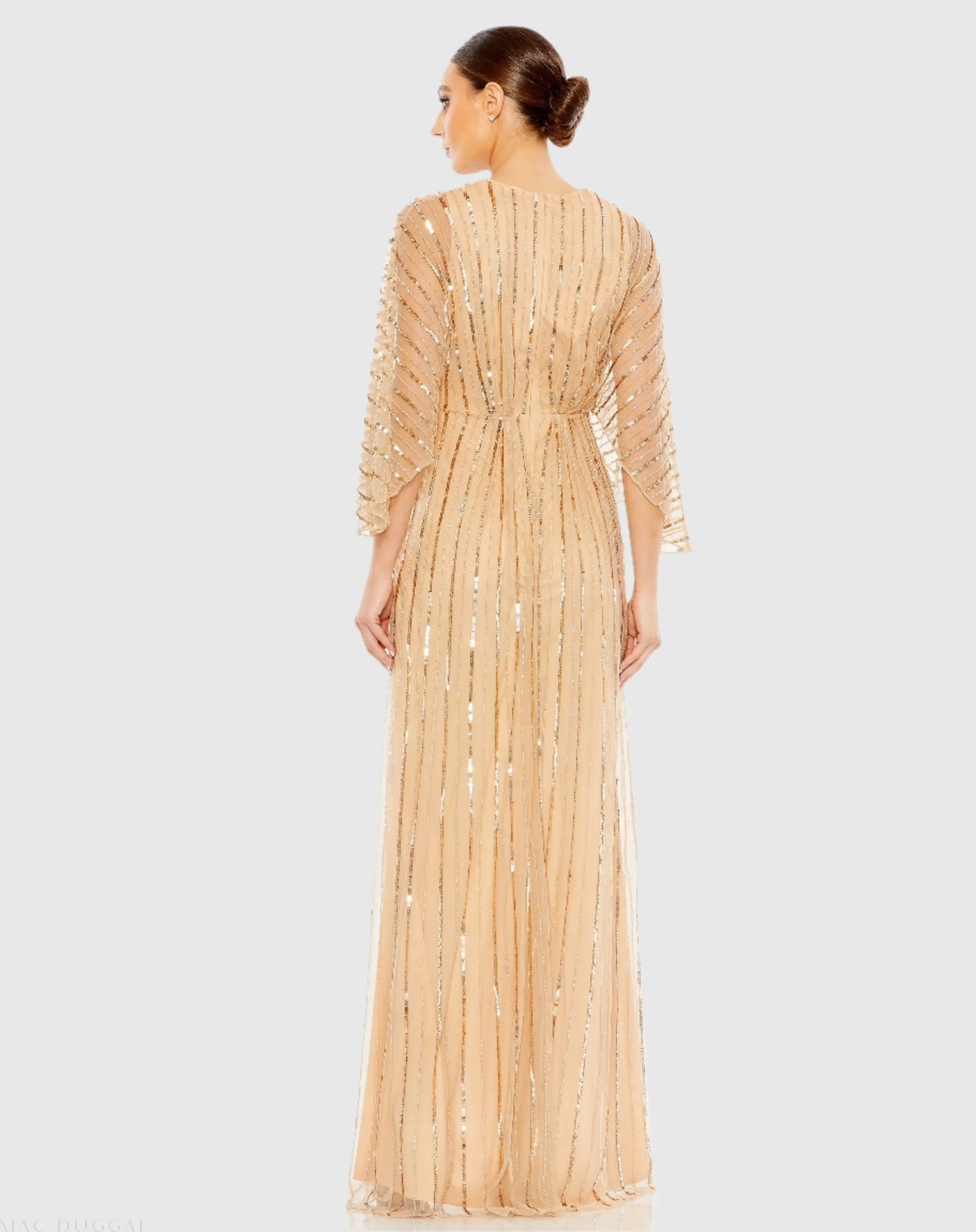 Beige Beaded Striping Kimono Sleeve V Neck Gown