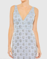 Blue Embellished Sleeveless V Neck Gown