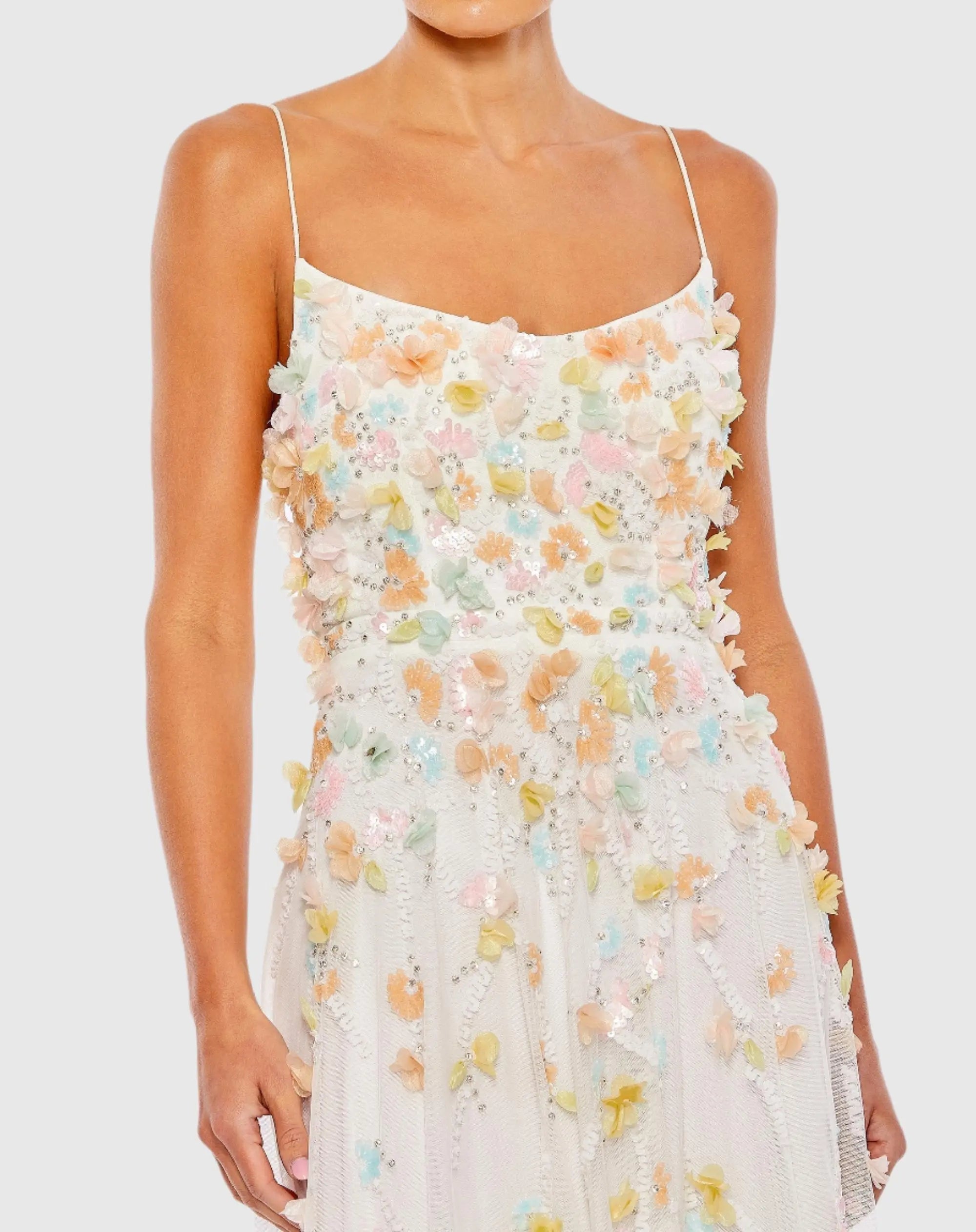 White Beaded 3D Flower Cami Ruffled High Low Lace Up Gown