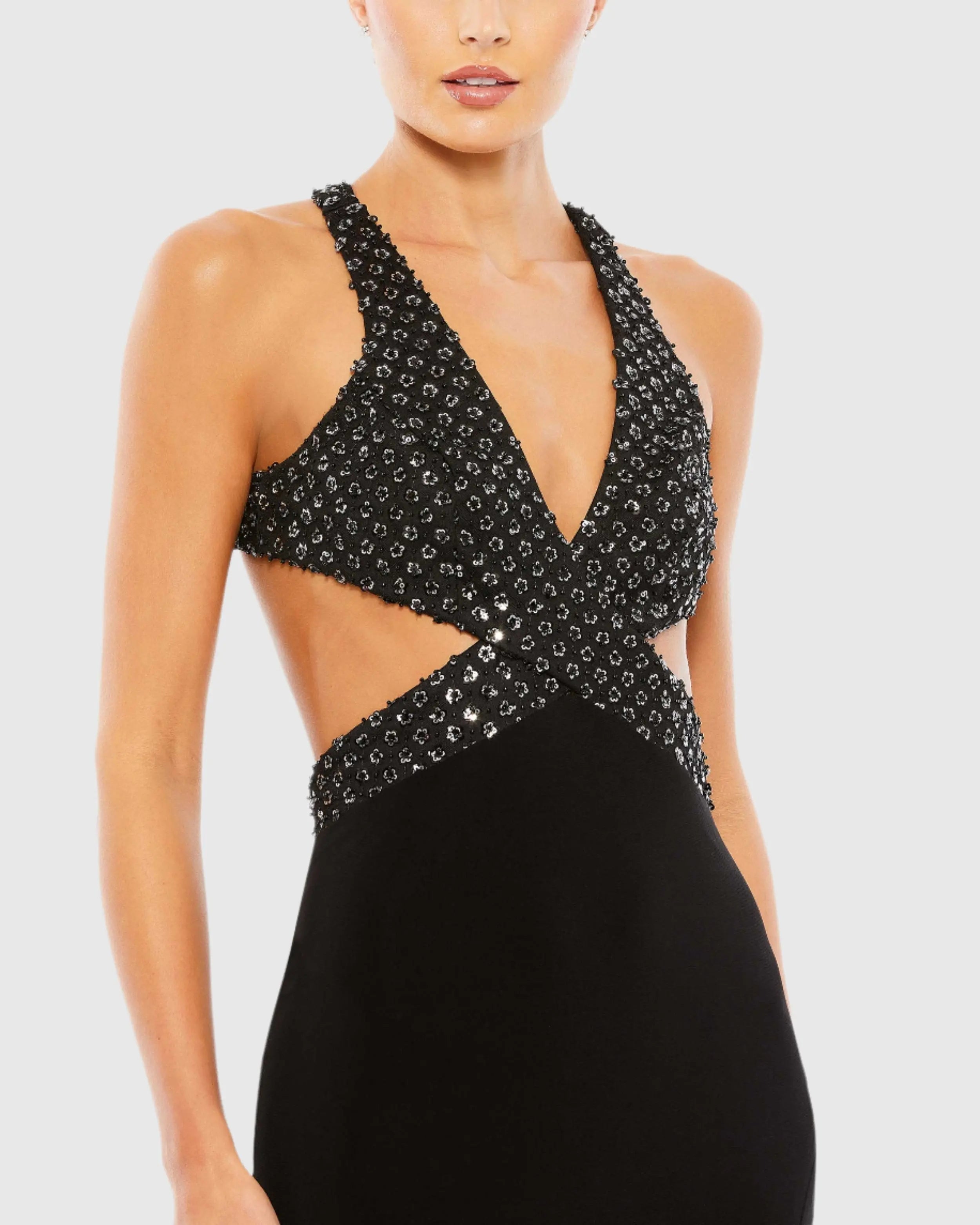 Black Floral Sequined Criss Cross Bodice Gown