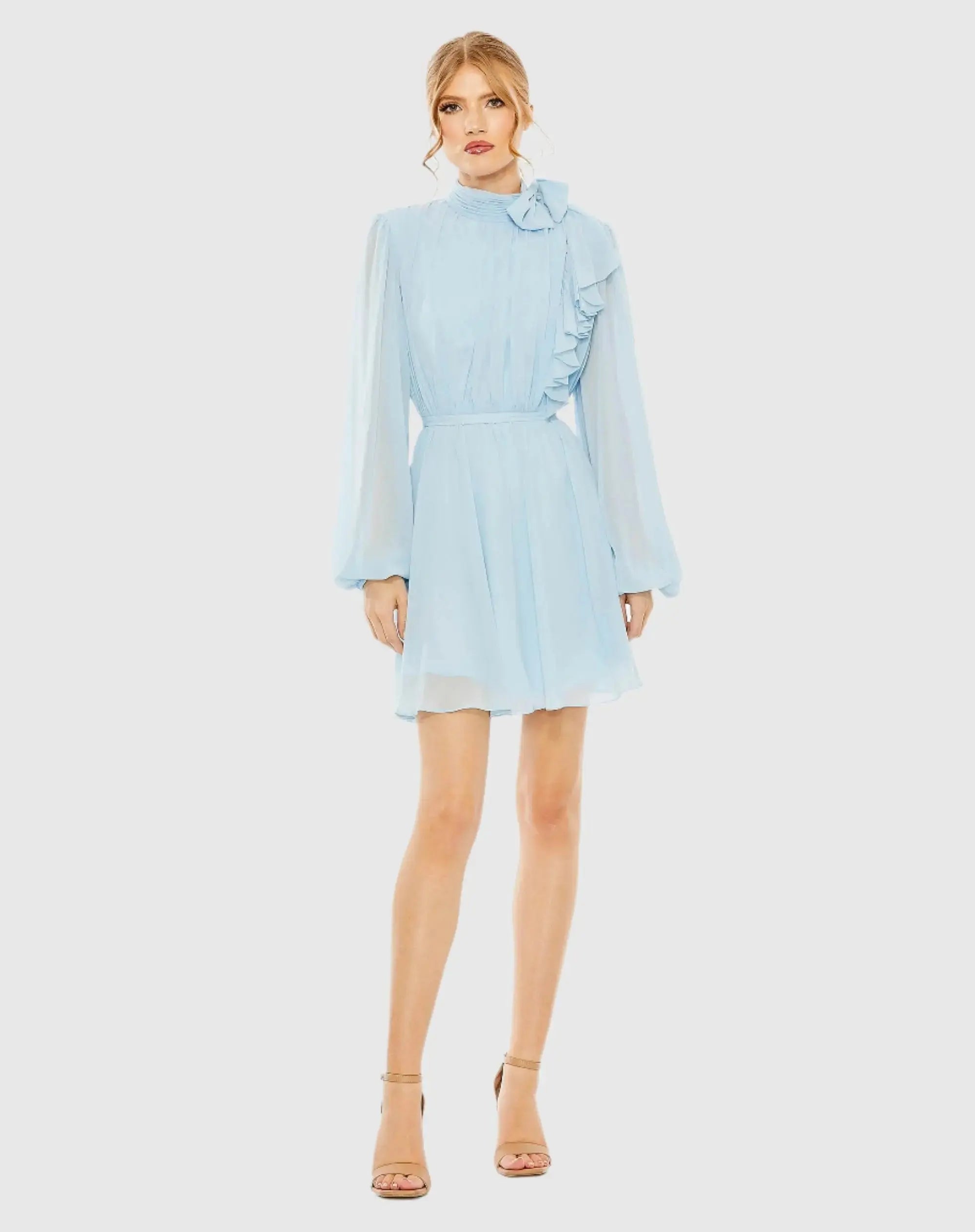 Draped High Neck Long Sleeve Mini Dress