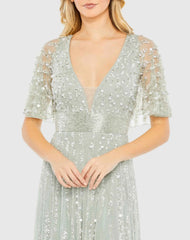 Green Embellished V-neck Empire Waist Gown