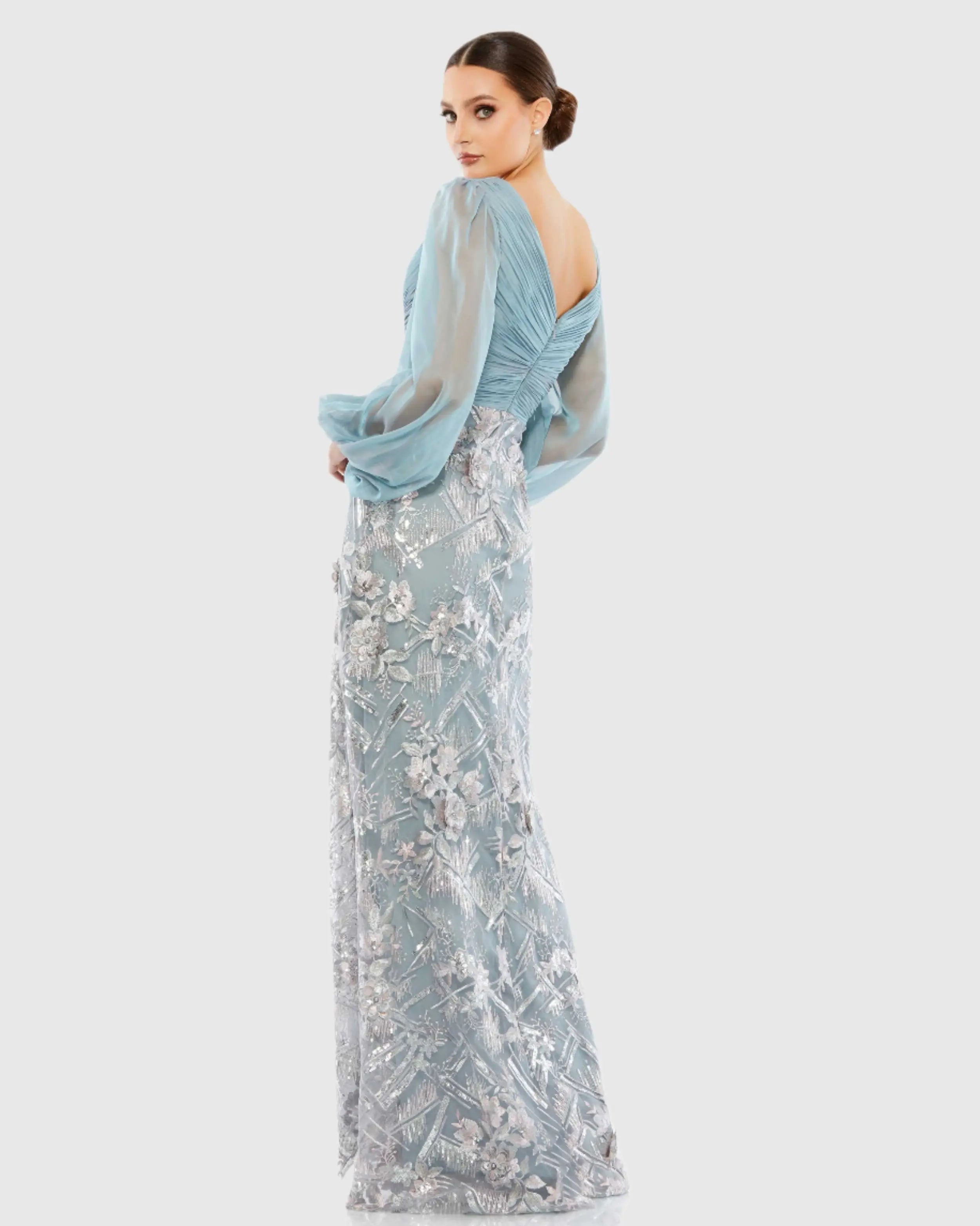 Blue Illusion Puff Sleeve Pleated Bodice Embellished Gown