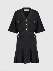 Black Short Sleeve Gold Button Front Crochet Knit Dress with Pleated Hem - FINAL SALE