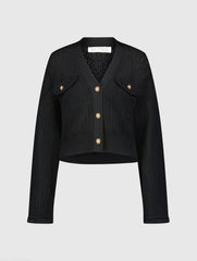 Black Crochet Knit Flare Long Sleeve Gold Button Cropped Cardigan