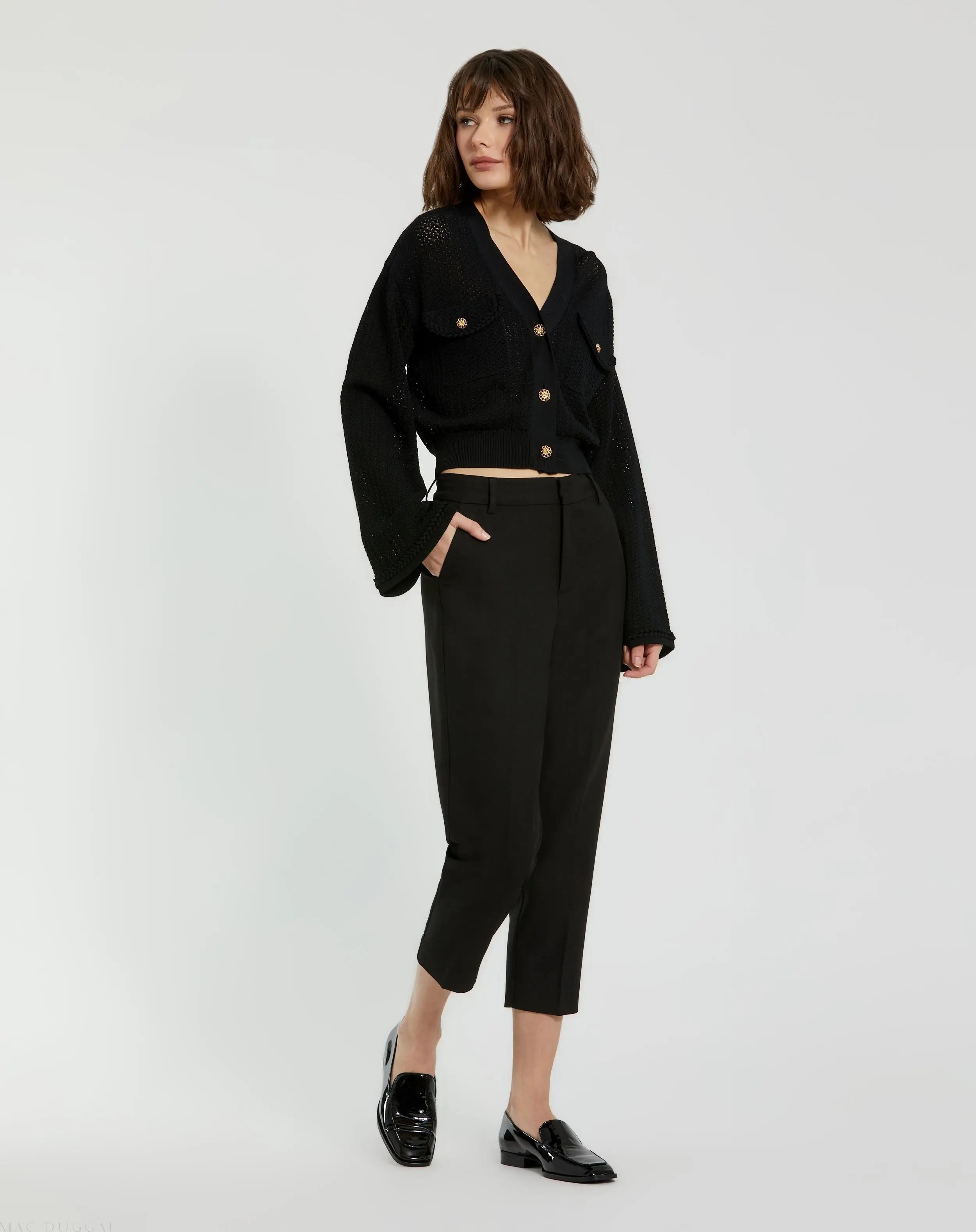 Black Crochet Knit Flare Long Sleeve Gold Button Cropped Cardigan
