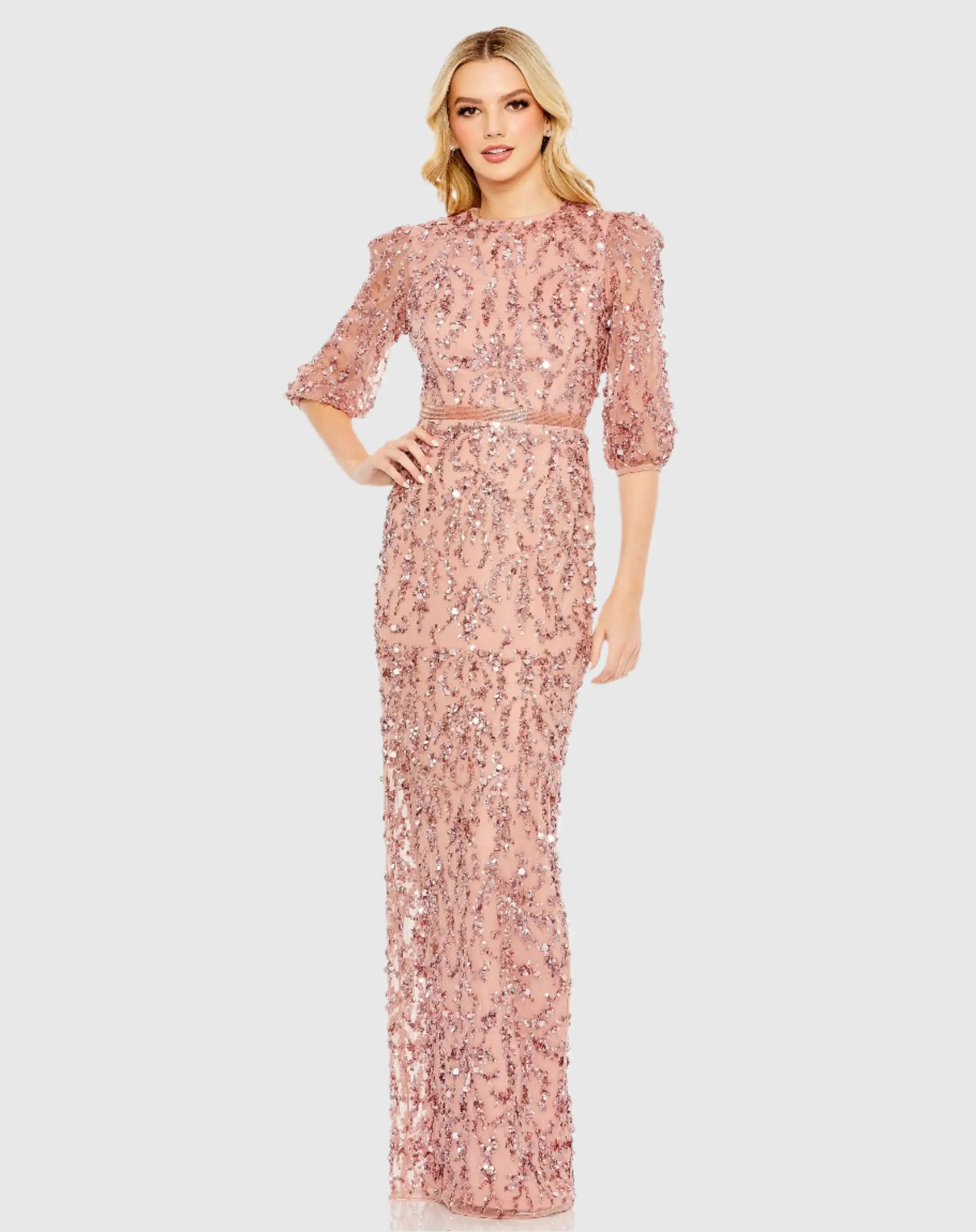 Elbow Length Sleeve Embellished Gown
