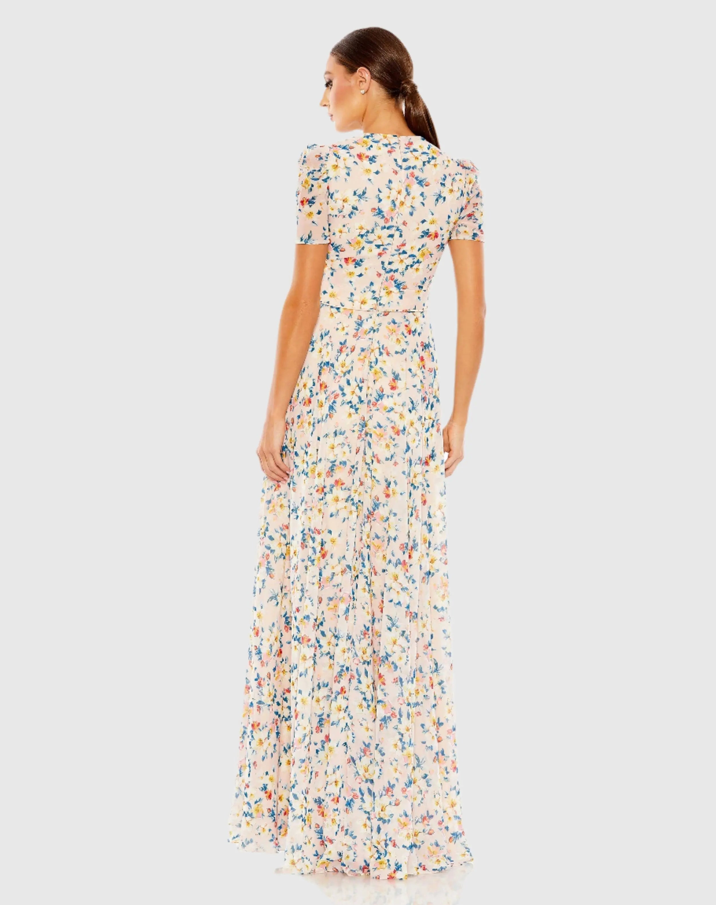 Pink Floral Print V Neck Puff Sleeve Flowy Gown