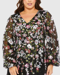 Black Puff Sleeve Embellished A Line Dress