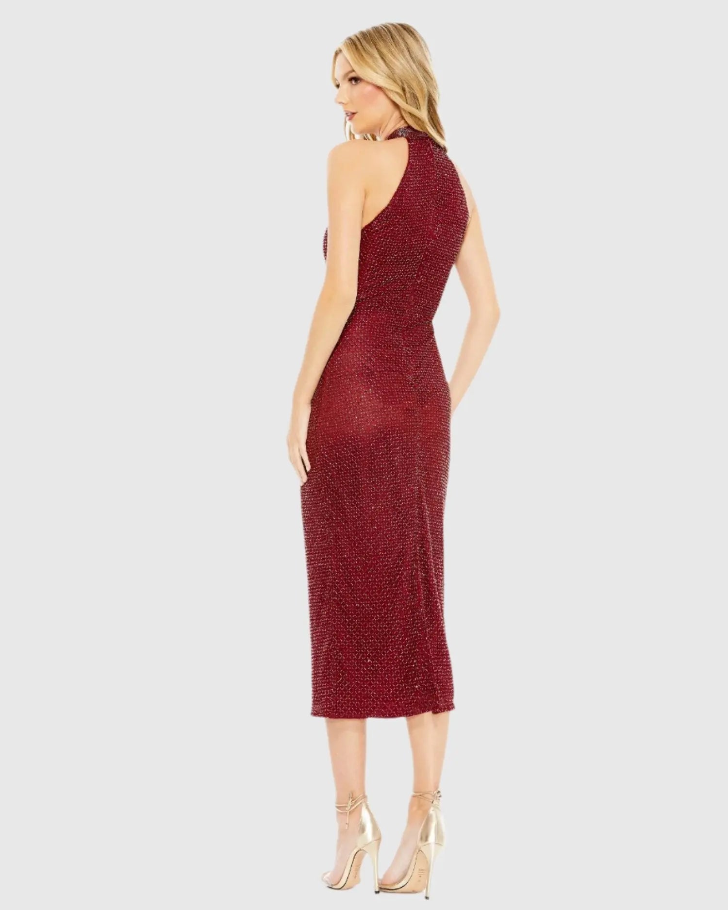 Red Hand Embellished Halter Neck Midi Sheath Dress