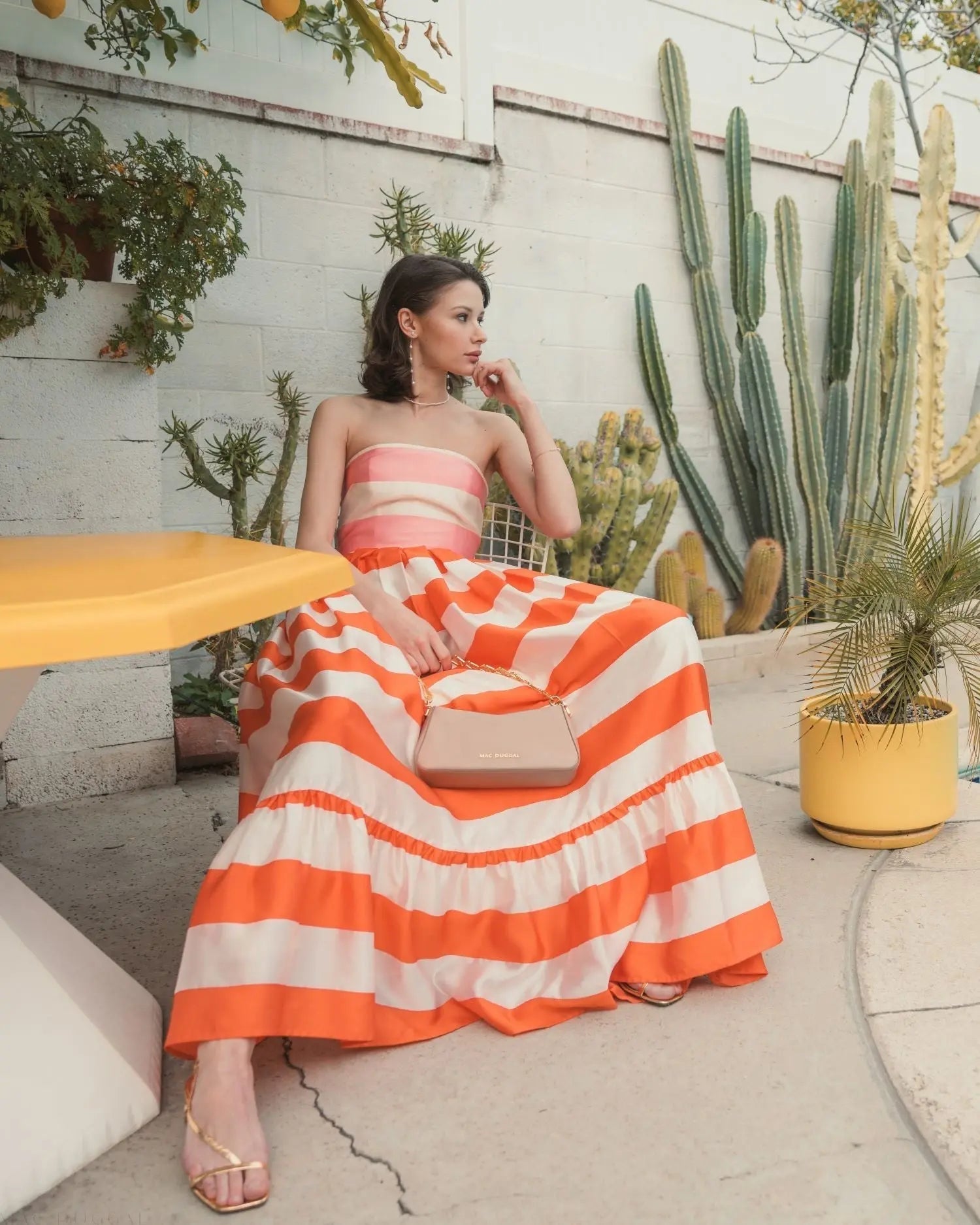 Multicolor Striped Organza Strapless Ruffle Maxi Dress